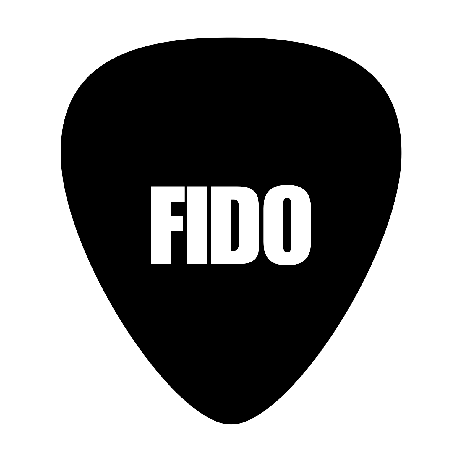 Logo for FIDO depicting the band's name in white inside a black guitar pick